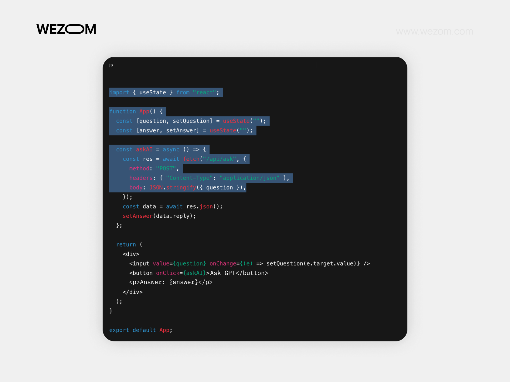 React frontend code using fetch API to send user input and receive GPT response via an OpenAI API endpoint